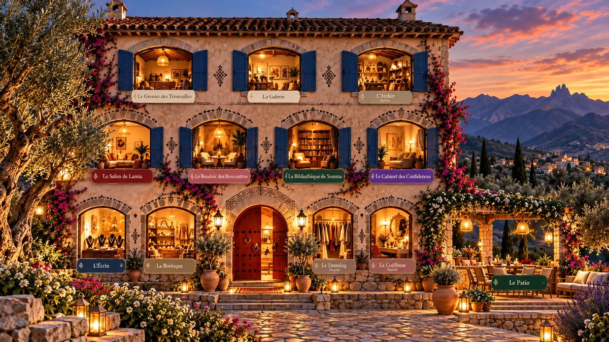 La Maison Lamia Femme Berbère au coucher du soleil : maison de pierre aux volets bleus et bougainvilliers, chaque fenêtre éclairée porte le nom de sa pièce, grande porte de bois entrouverte, pergola du Patio à droite, montagnes de Kabylie au loin