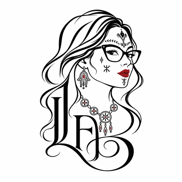 Le visage de Lamia Femme Berbère : lunettes, lèvres rouges et bijoux kabyles